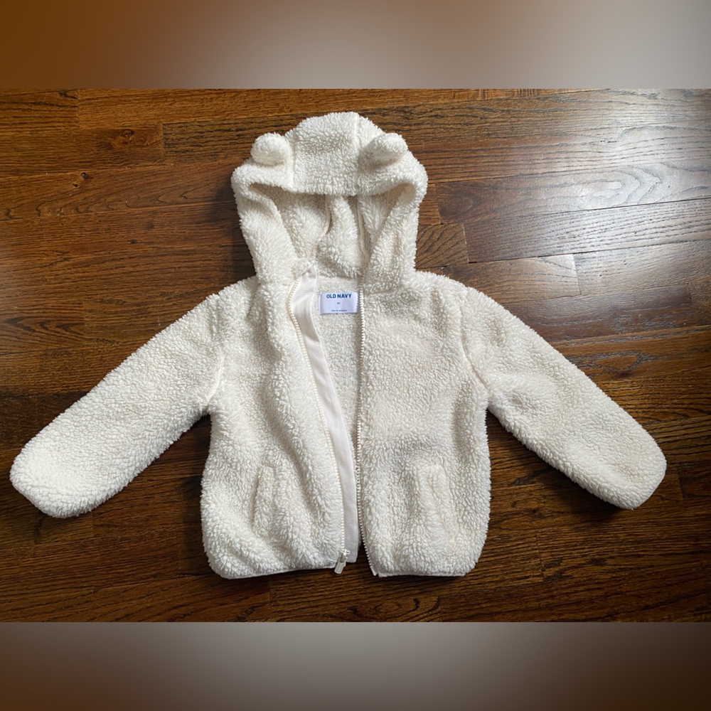 3T toddler girl sherpa fleece zip up hoodie Old Navy Cream White Jacket bear ear - Picture 13 of 16